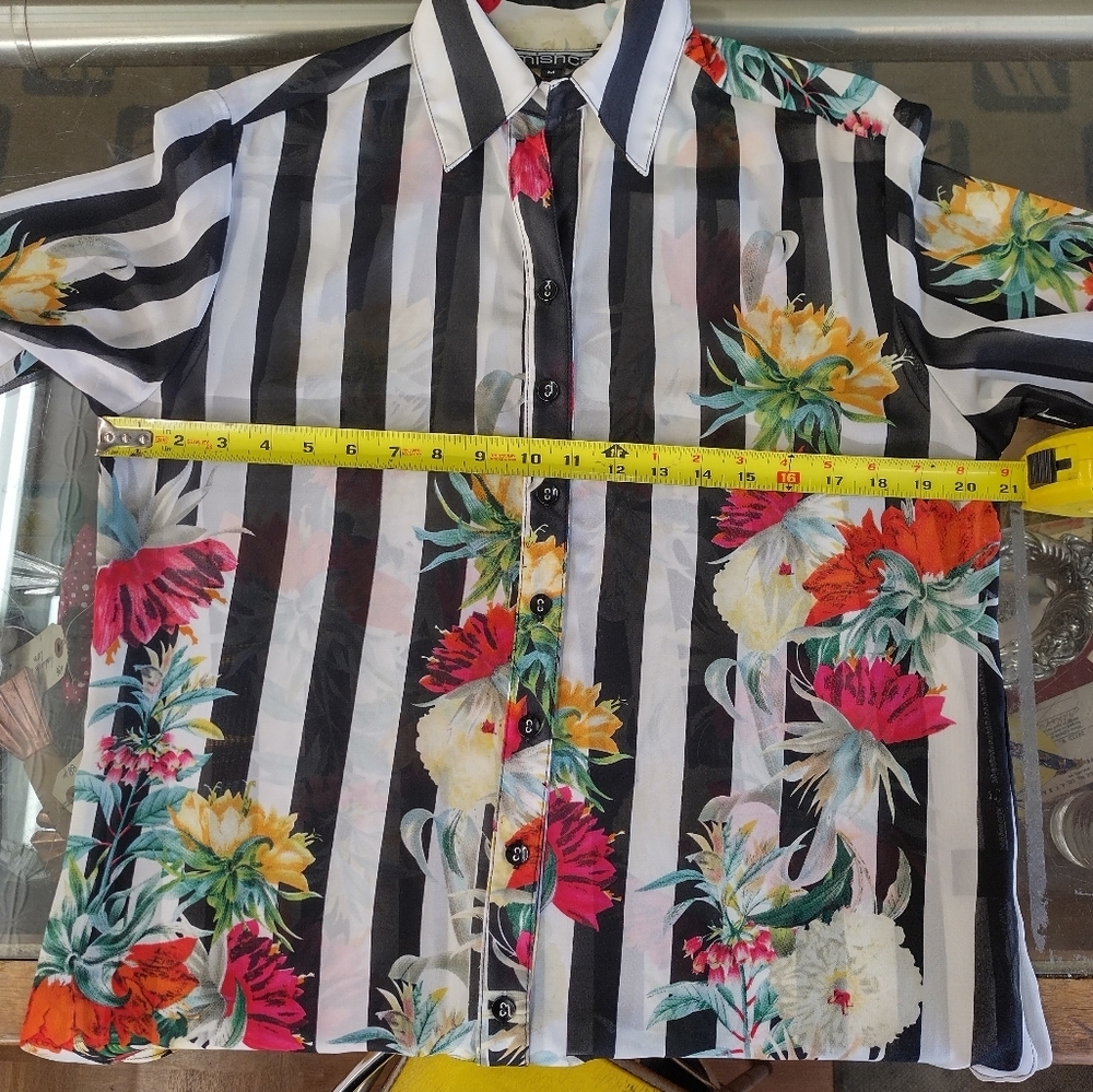 Like New Black and White Stiped, Floral Pattern Blouse - Picture 6 of 9